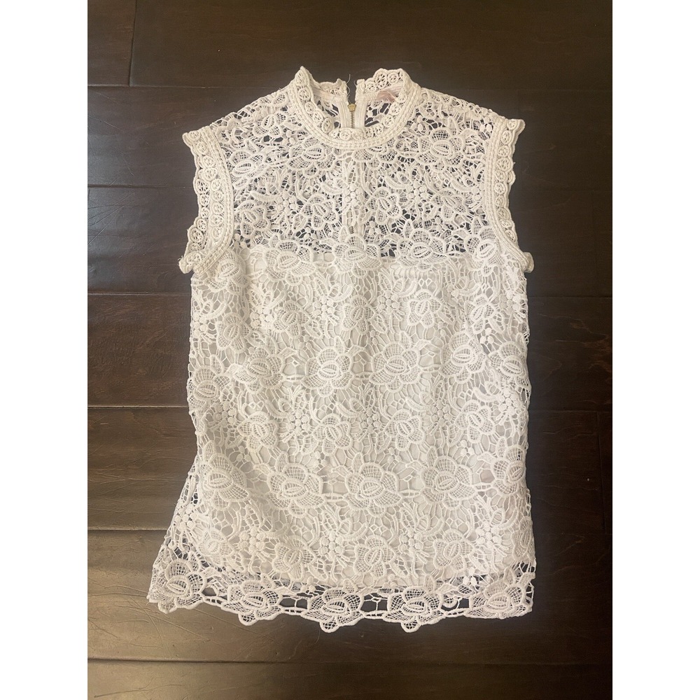 Nanette Lepore Women White Lace Sleeveless Boho High Neck Blouse Top XS